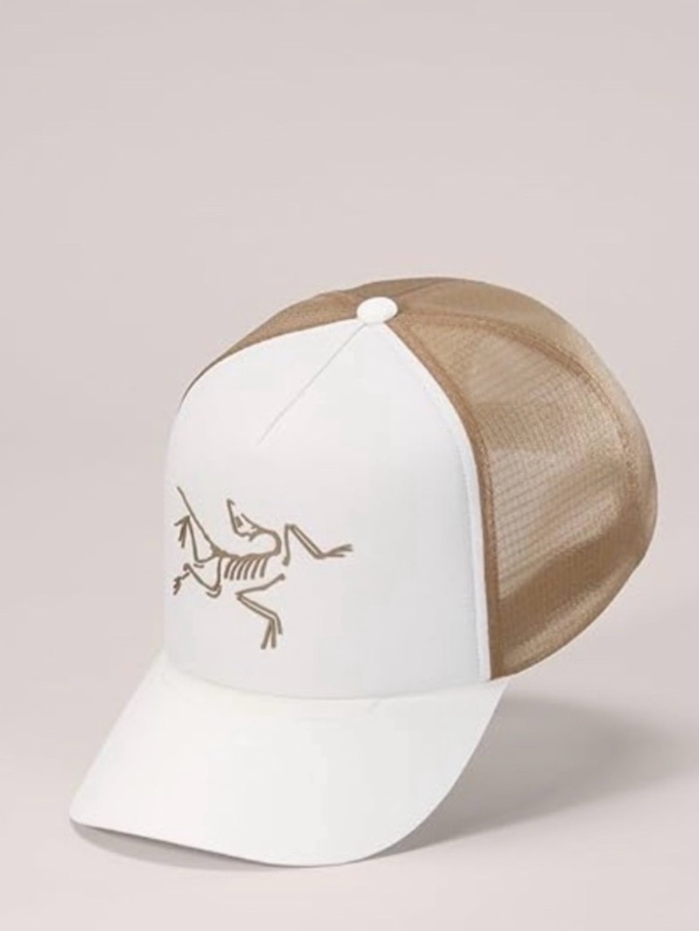Arc'Teryx Logo Bird Trucker Curved Hat Cap OSFM White And Tan SnapBack-one size